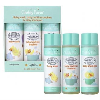 CHILDS FARM BABY WASH, BABY BEDTIME BUBBLES & BABY SHAMPOO GIFT SET 3-PACK 250ML